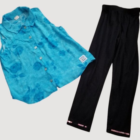 * COZY TOES Blue Floral Print Sleeveless Blouse with FREE Leggings Girls Size 6 - Picture 4 of 5